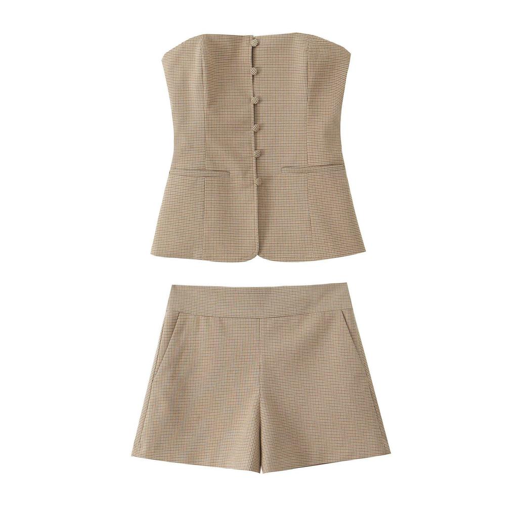 2025 Spring Women's Strapless Top & Shorts Set with Slim-Fit Vest & Midi Skirt