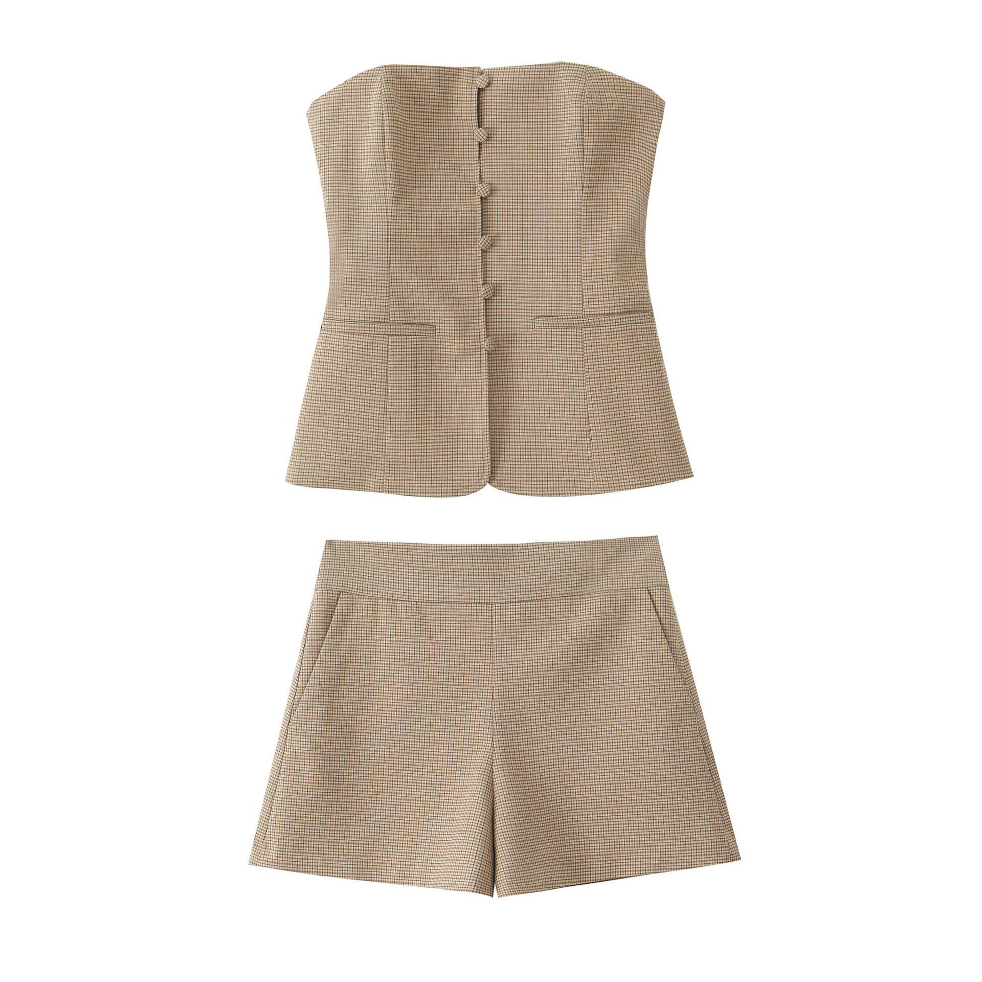 

2025 Spring Women s Plaid Strapless Top and High-Waisted Shorts Set Large верблюд