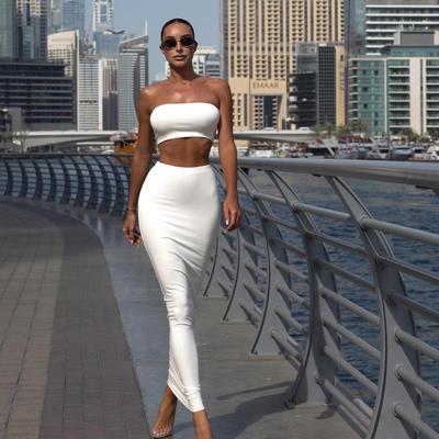 2025 Summer European Two-Piece Set: Solid Bandeau Top & High-Waisted Slim Long Skirt