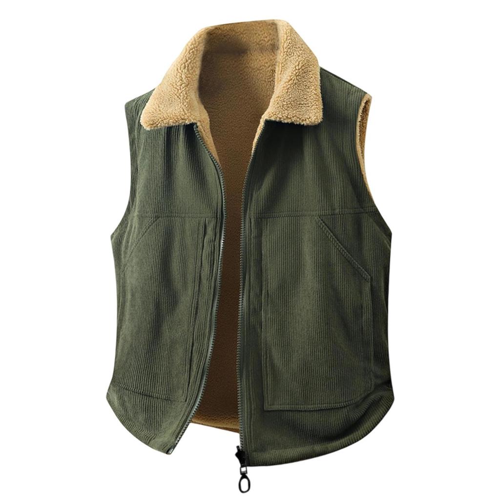 Men's Casual Fleece Lambskin Vest, Double-sided Zipper Vest, Lapel Jacket