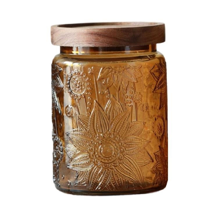 

Retro Styles Glass Candies Jar Canister SStorage Container Embossed Airtights Wooden Lid For Home Decoration жёлтый