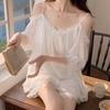 Summer Off-Shoulder Lace Princess Style Pajamas Women'S Suspenders Low-Necked Short-Sleeved Loungewear Sweet And Can Be Worn Outside