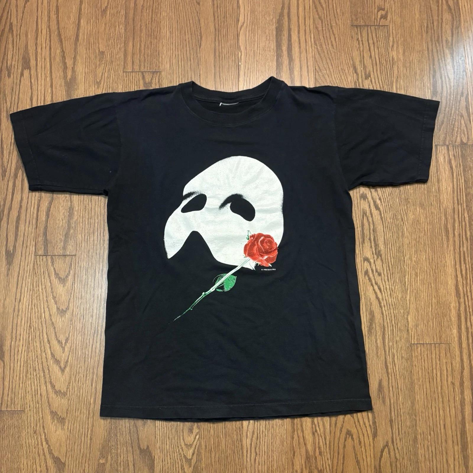 Vintage 80s Phantom Of The Opera T Shirt Mask Rose Euro Tee Black Faded Men M M