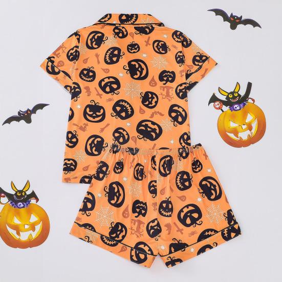 Halloween Women Pajamas Set Ghost Pumpkin Print Short Sleeve Button Down Shirts And Shorts Sleepwear Set 2 Piece Loungewear Pjs Short Set