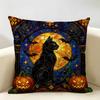 Art Black Cat Halloween Cushion Cover Durable Hypoallergenic Organic Linen Pillow Cover Short Size Washable SkinFriendly