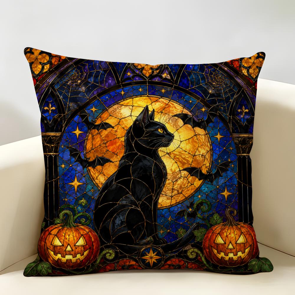 Art Black Cat Halloween Cushion Cover Durable Hypoallergenic Organic Linen Pillow Cover Short Size Washable SkinFriendly