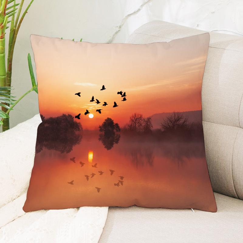 Seagull Beach Sunset Scenery Print Pattern Cushion Cover Home Living Room Sofa Decoration Waist Cushion Pillow Pillow Cover