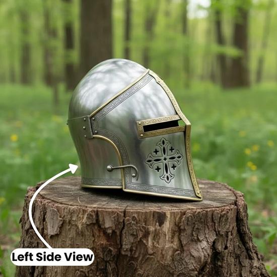 Medieval Knight Cross Helmet, Brass and Steel Barbuta Helmet, Crusader Templar Helmet, for LARP Cosplay, Renaissance Fair Gift