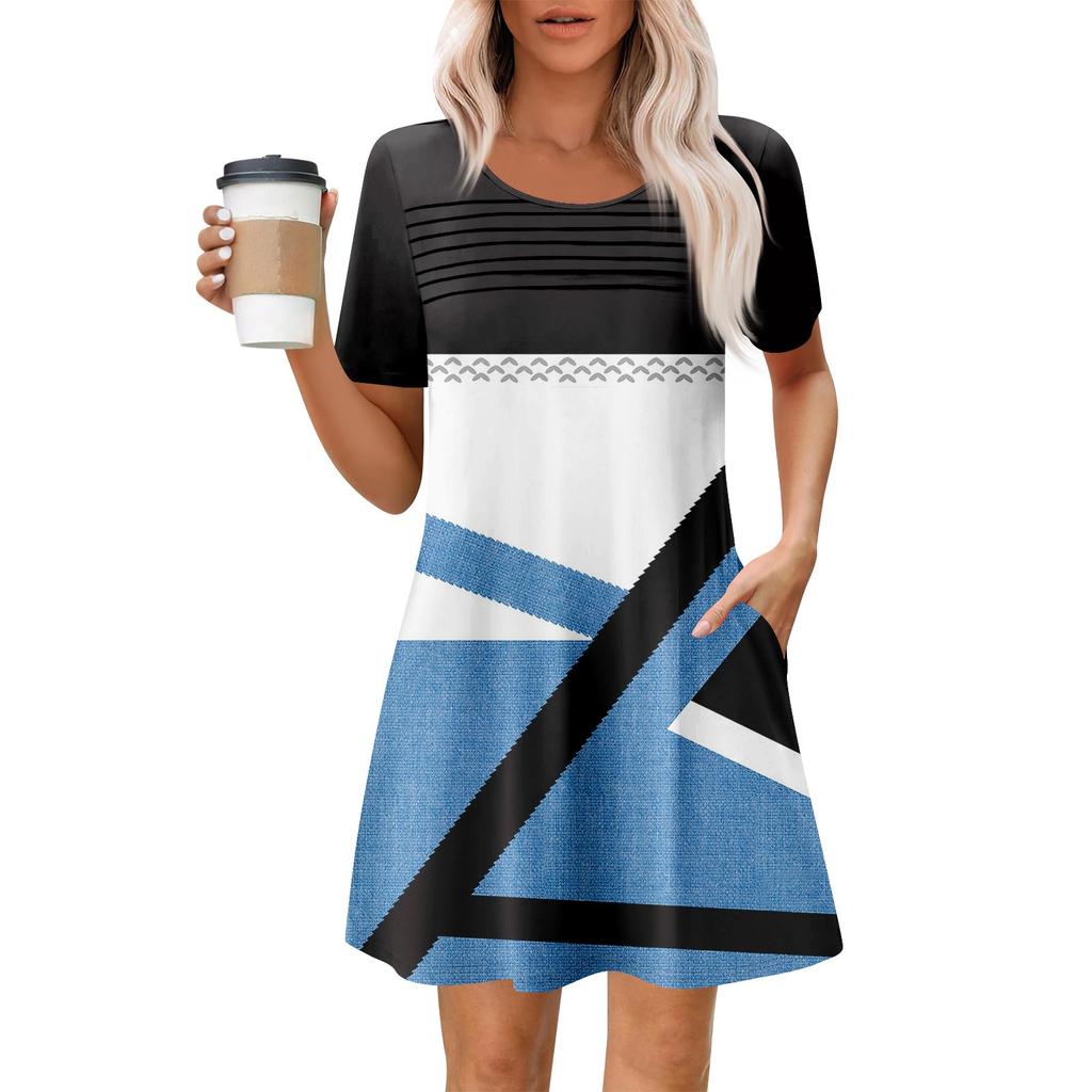 Women's Summer Casual Round Neck Pleated With Pockets Printed Short Sleeve Dresses