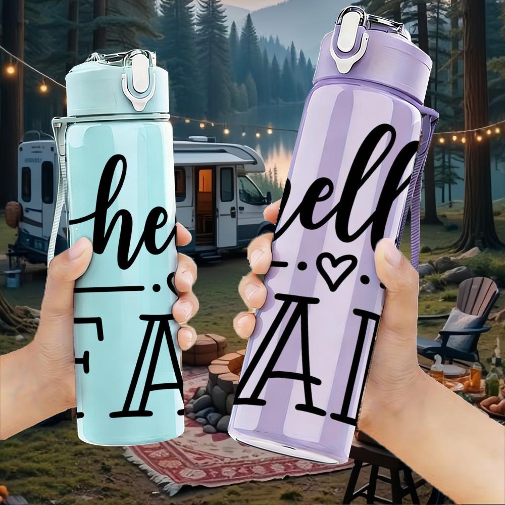 1PC Hello Fall Cursive Letter 750ml Color Plastic Sports Water Bottle Leakproof Flip Straw Lid Suitable for Sports Office Home Use