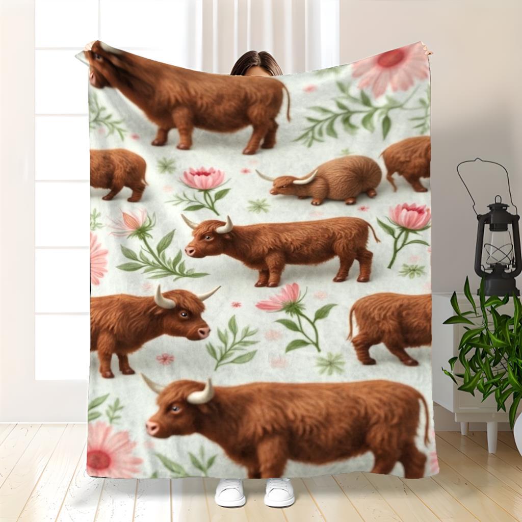 Scottish Highland Cow Blanket - Lightweight Soft Beige Farm Throw 70x100cm