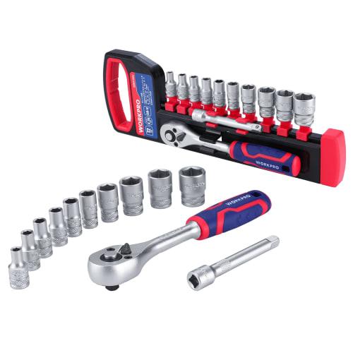 

WORKPRO 12-Piece Socket Wrench Set with Ratchet Wrench, 6.35mm Drive, Hex Sockets, Quick-Release Ratchet Handle, and Tool Holder for Cars, Motorcycles