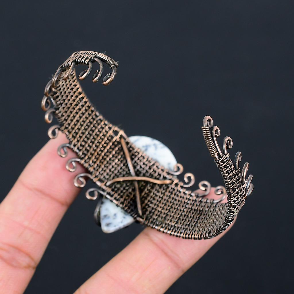 Dendrite Opal Handmade Copper Wire Wrap Bangle Adjustable r7c19