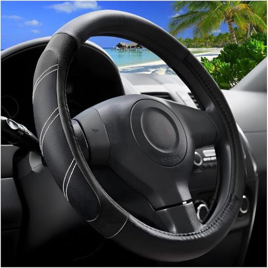 Car Steering Wheel Cover, 15 Inch Carbon Fiber Leather Non-Slip Steering Wheel Protector With Lining, Breathable Automotive Interior Accessories,