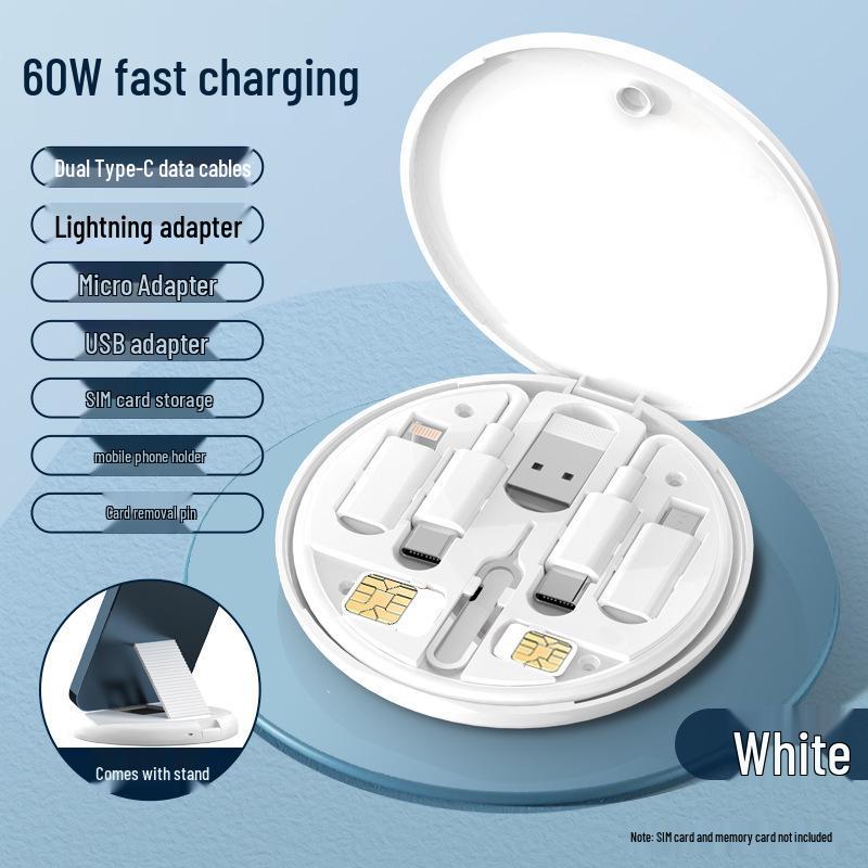 

Адаптер быстрой зарядки 60 Вт и подставка для телефона с кабелем для передачи данных C-C, многофункциональный портативный подарочный набор «шесть в одном» для хранения белый