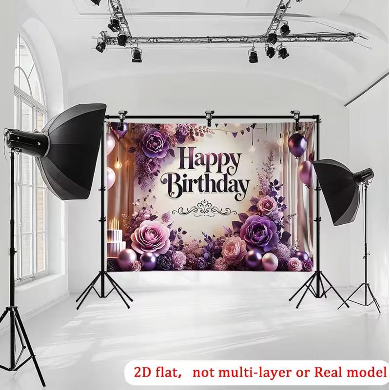 2D Elegant Purple Rose Birthday Backdrop, Luxurious Floral & Balloon Party Background Cloth for Adult Birthday