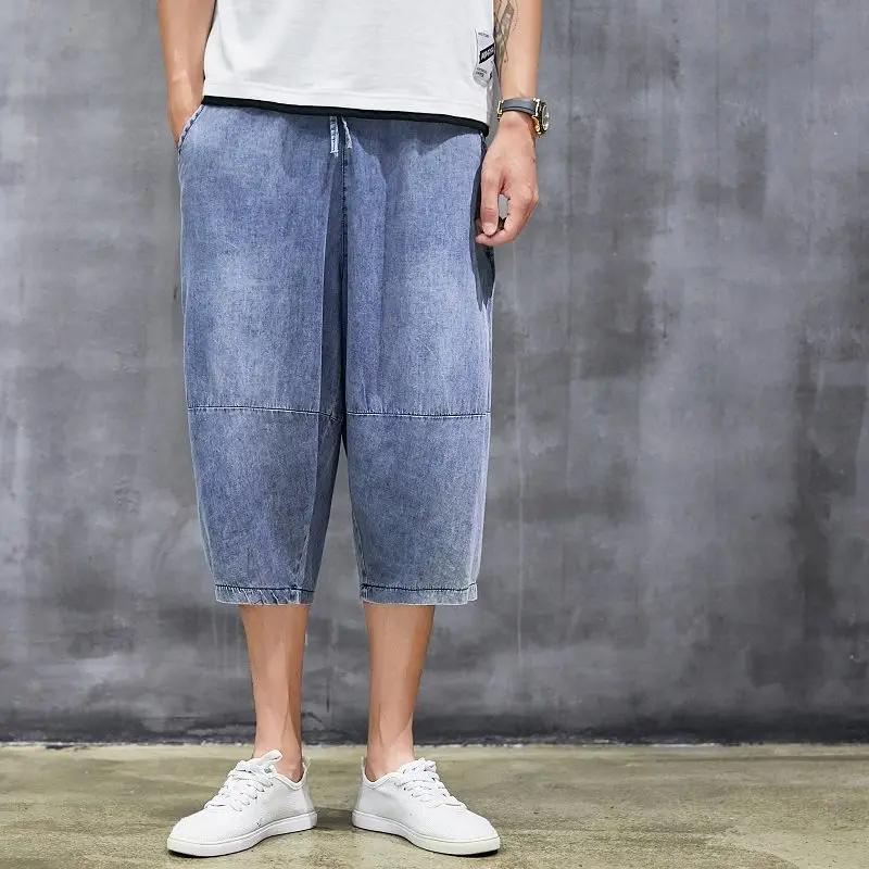 Summer Men Trendy Jean Pants Men Loose Casual Denim Pants Men Wide Leg Pants Male Calf-Lenght Pants Men All-Match Harlan Pants