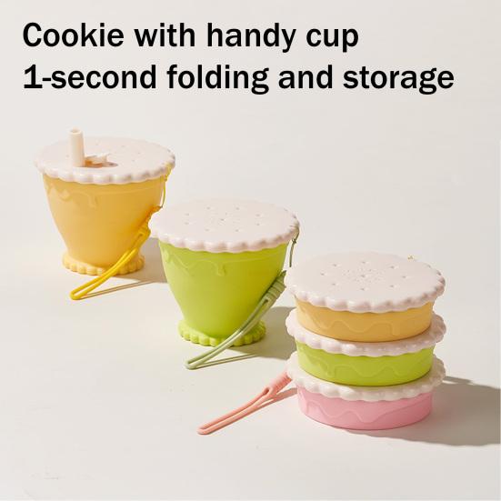 Collapsible Travel Cup with Lid Cookie Design Silicone Folding Cup Portable Reusable Drinking Cup for Camping Hiking Picnics