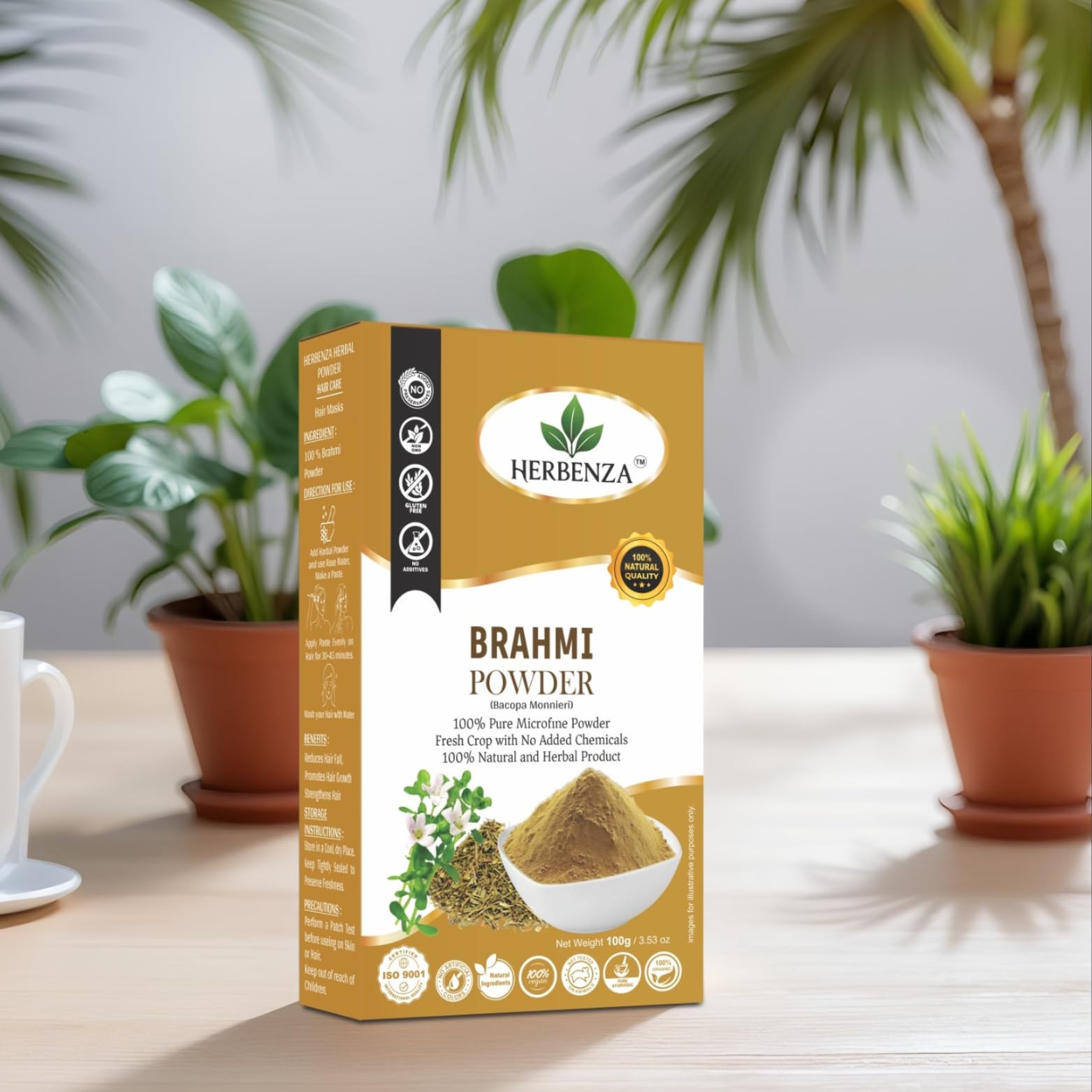 HERBENZA Brahmi Powder for Hair - 100% Pure & Natural - Strengthens Roots, Reduces Hair Fall, Promotes Hair Growth & Calms Scalp - 100g