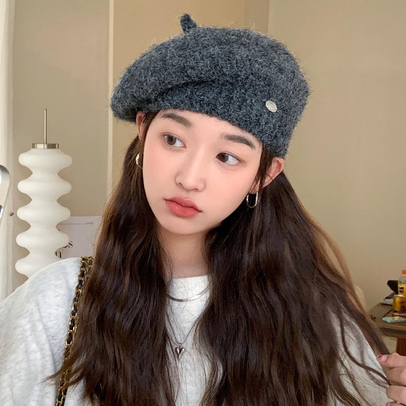 Women's Korean Style Woolen Beret: Versatile, Solid Color, Knitted, Warm, Windproof, with Metal Label for Autumn and Winter
