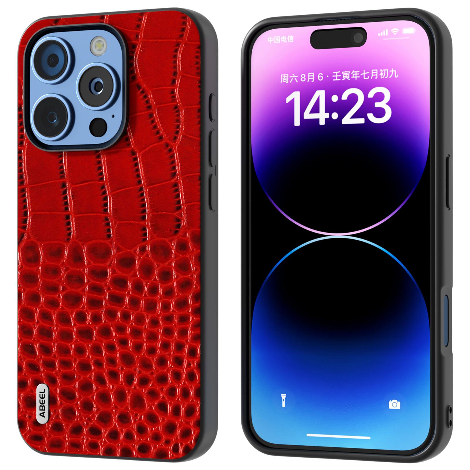 ABEEL For iPhone 16 Pro Case Genuine Cow Leather Back Phone Cover Crocodile Texture D