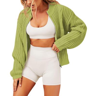 Casaco Curto de Tricô Feminino Fechamento com Zíper Gola Redonda Caimento Solto Mangas Compridas Jaqueta Suéter Verde