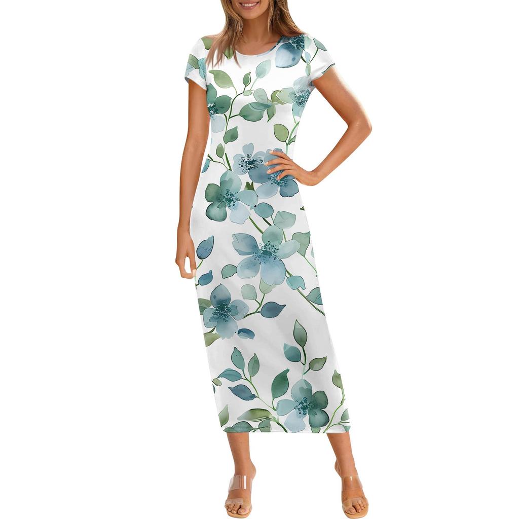 Damenmode Lässiger Druck Rundhals Kurzarm Langes Kleid