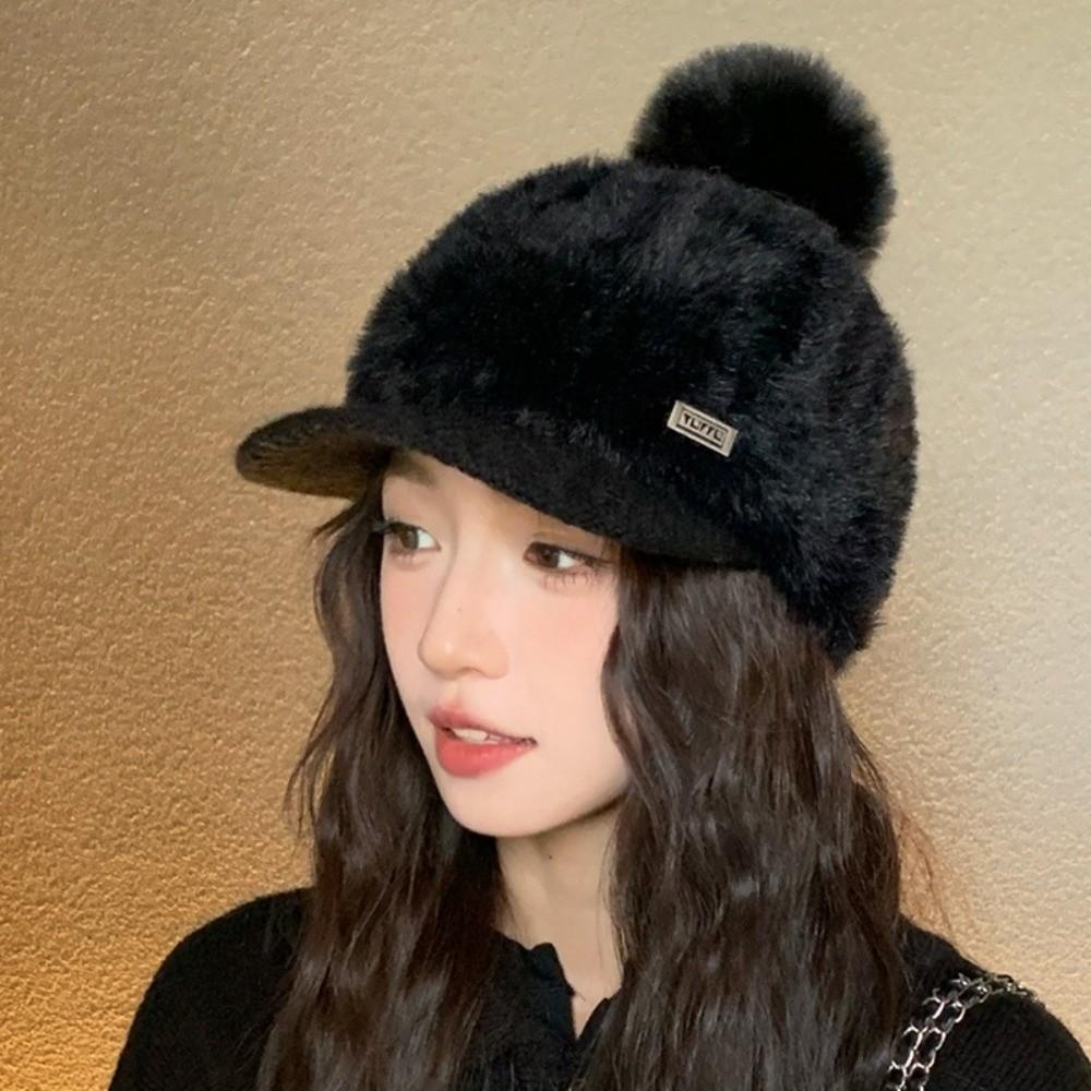 Solid Color Rabbit Fur Texture Hat Polyester Peaked Cap Warm Ear Flap Hat Girls