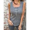 Womens Washed Gray Ribbed Henley Neck Sleeveless Tank Top