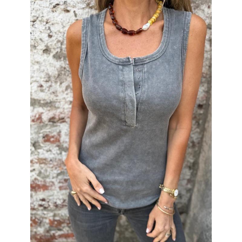 Womens Washed Gray Ribbed Henley Neck Sleeveless Tank Top