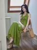 Er Yang Design French Floral Green Halter Neck Maxi Dress, V-neck Sleeveless Long Dress for Women