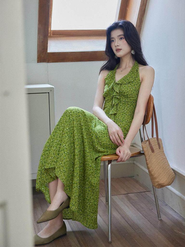 Er Yang Design French Floral Green Halter Neck Maxi Dress, V-neck Sleeveless Long Dress for Women