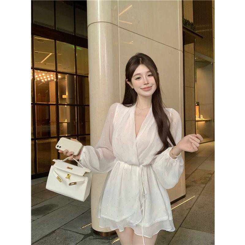 

Retro White Chiffon Ruffle V-Neck Short Dress: 2025 Summer Women s Design Large