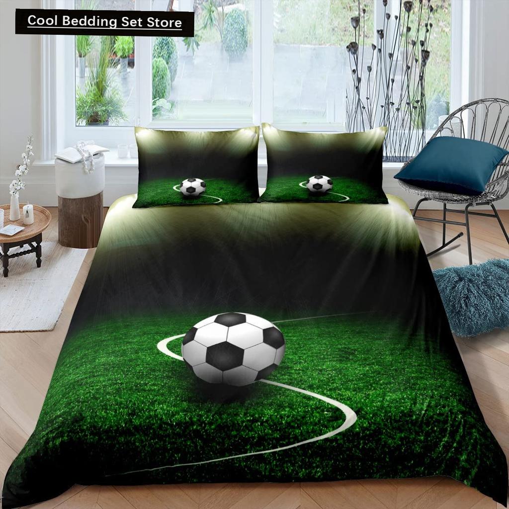 Husă de Plapumă Verde Teren de Fotbal King Queen Husă de Plapumă Teren de Fotbal Set de Lenjerie de Pat pentru Băieți Bărbați Jocuri Sportive Husă de Plapumă Poliester