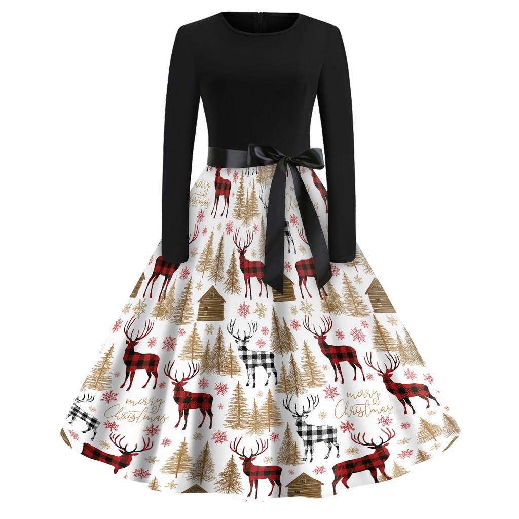 Women's Vintage V-Neck Christmas Print Casual Dress for Holiday Party