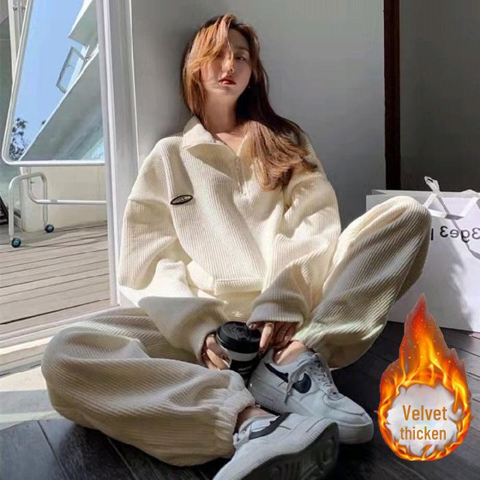 

Женская спортивная одежда из плюша и плотной ткани осень/зима 2023 г.: Свободный повседневный костюм-двойка в корейском стиле для студентов XL абрикосовый