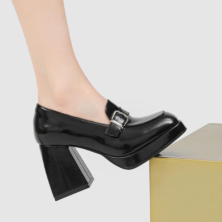 Role square head retro loafers women's spring 2025 new thick heel niche high heel French belt buckle women's single shoes