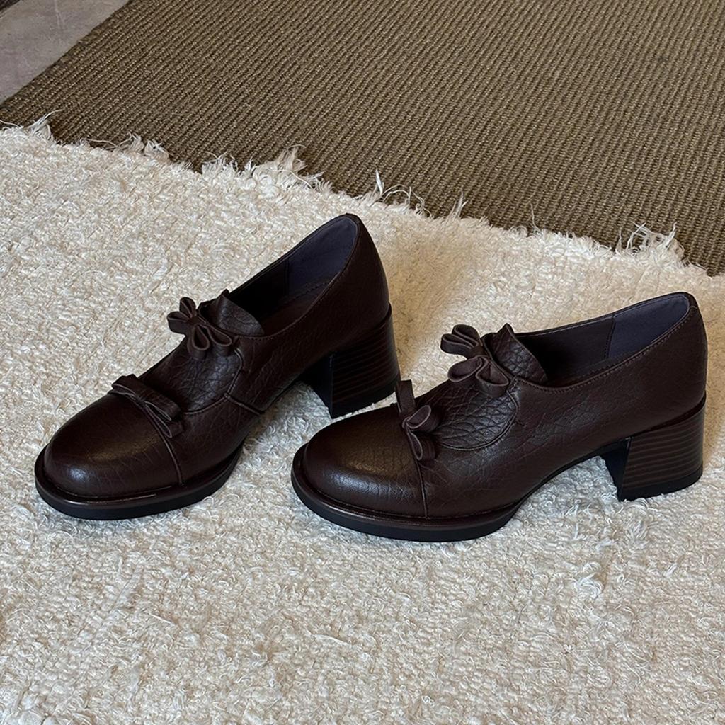 Sheepskin Version~ Retro Temperament Niche Design British Style Round Head Loafers Commuting Thick Heel Women's Shallow Mouth Single Shoes