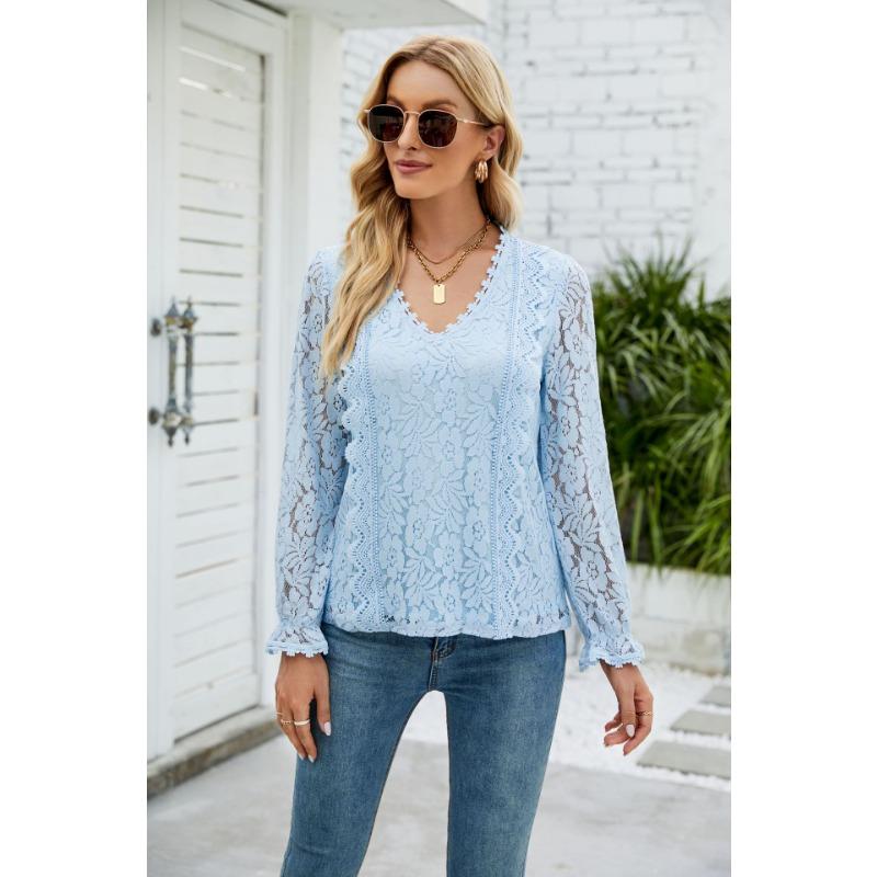 Vår och höst Dam Blus Spets Långärmad Enfärgad Utskuren Spets Sexig Stickad Topp