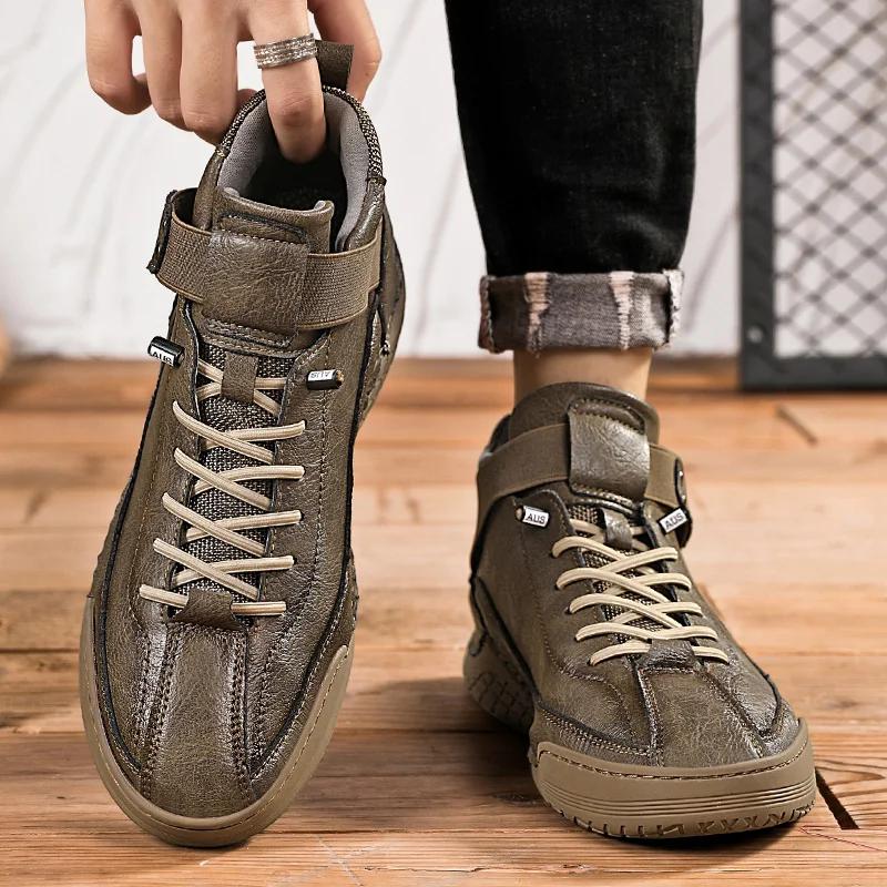 Winter Men Ankle Boots Waterproof Warm Snow Boots with Fur Breathable Leather Mens Winter Casual Shoes High Top Motorcycle Boots