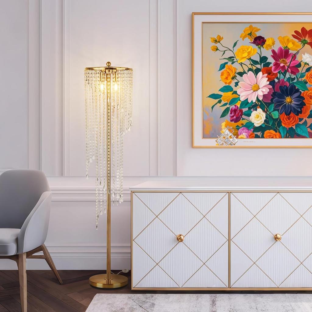 Gold Floor Lamp, 63' Tall, Modern Standing Lamp with Double-Layer Crystal Shade, LED (2700K), for Living Room, Bedroom, Office