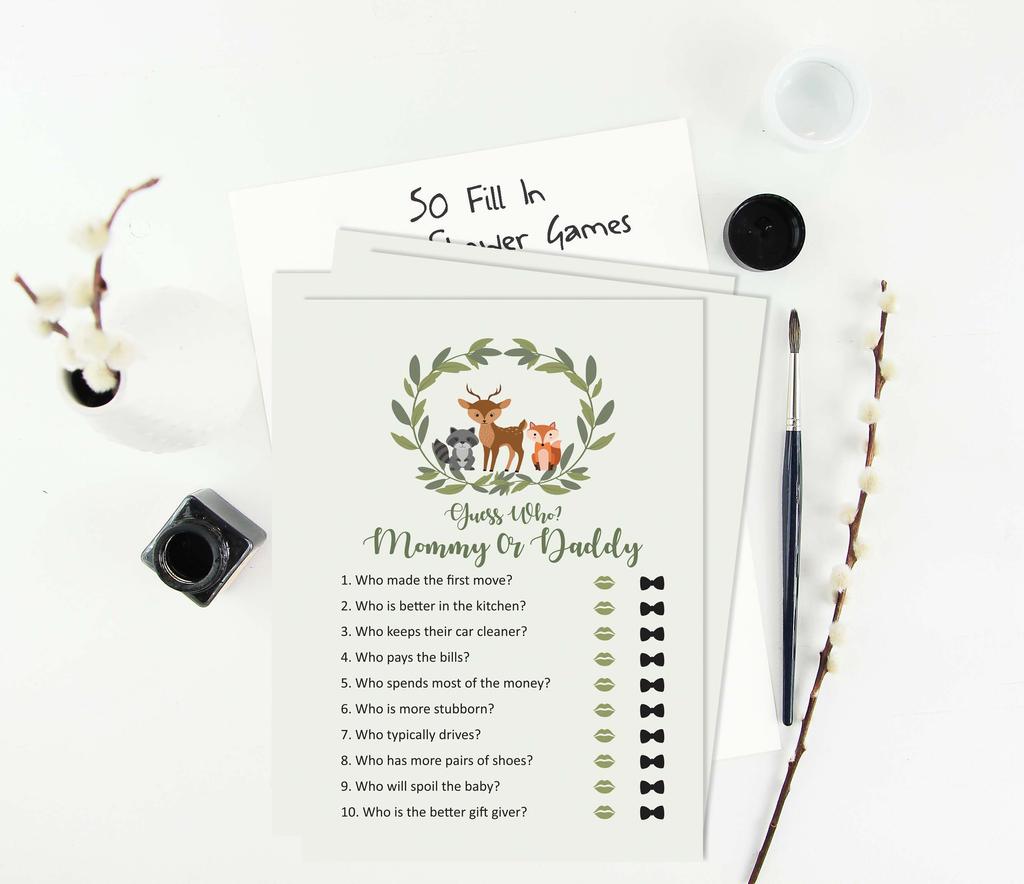 Inkdotpot Spiel „Mama oder Papa, wer hat es gesagt?“, geschlechtsneutral, Kranz und Tiere, 50er-Set, lustiges Babyparty-Spiel, Partyzubehör