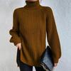 Autumn/Winter Soft Knitwear Fashion Raglan Long Sleeve Turtleneck Split Sweater Casual Warm Solid Mid-length Pullover