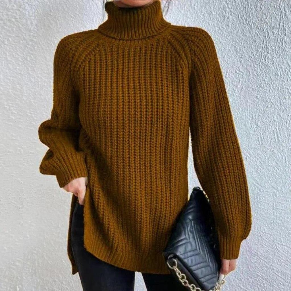 Autumn/Winter Soft Knitwear Fashion Raglan Long Sleeve Turtleneck Split Sweater Casual Warm Solid Mid-length Pullover