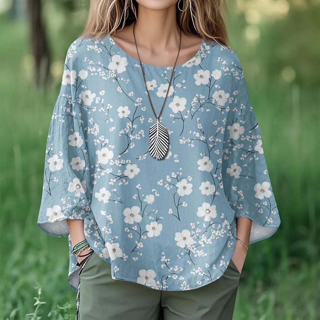 Summer Tops For Women Cute O Neck 3/4 Sleeve Blouses Floral Print Top Casual Shirts
