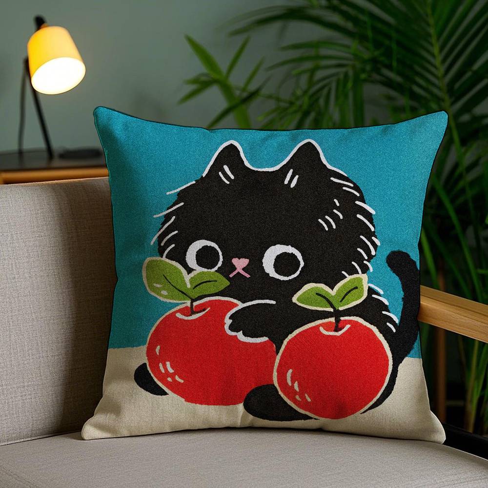 Hand Drawn Cartoon Happy Cat Pillow Case Anti-dustmite Pillowcase Invisible zipper silky short plush Sofa cushion cover
