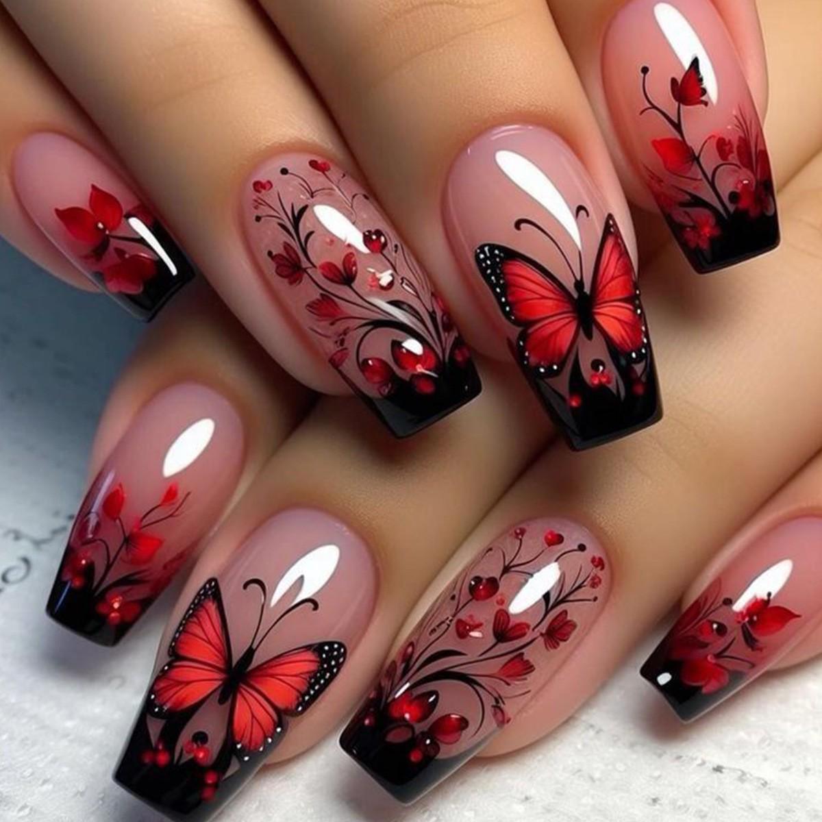 Medium-Long Red Ballet Nails with Butterfly Design - Valentine s Spring/Summer Style