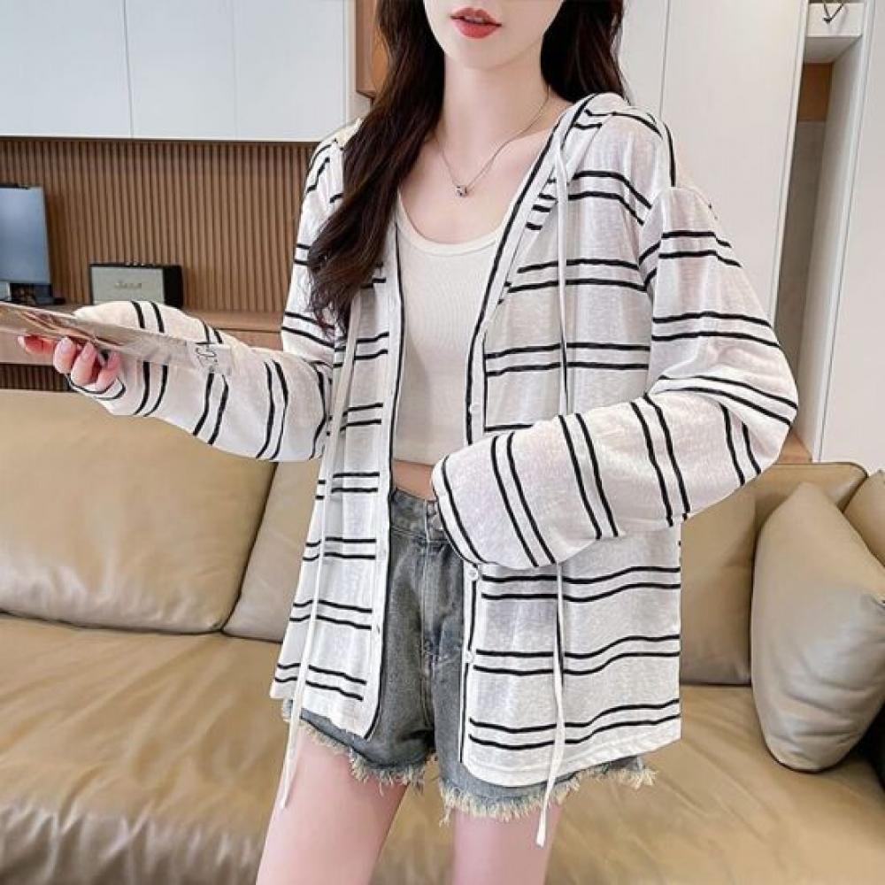 Navava Women Daily Uv Stripe Long Sleeve Hoodie Outer Nc488