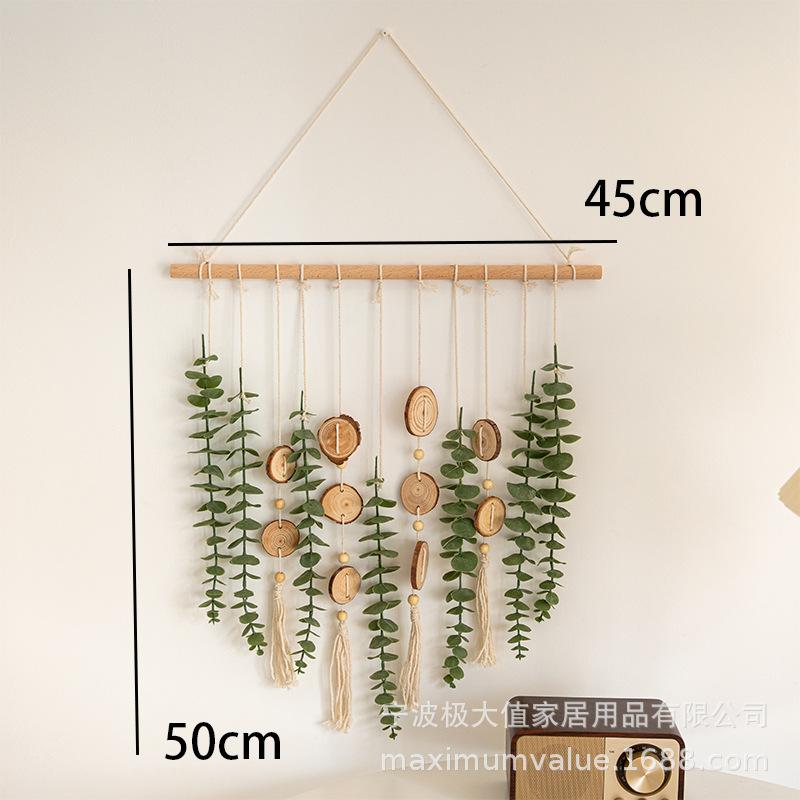 Bohemian Wall Hanging Decor with Natural Wood Slices and Green Eucalyptus Leaves