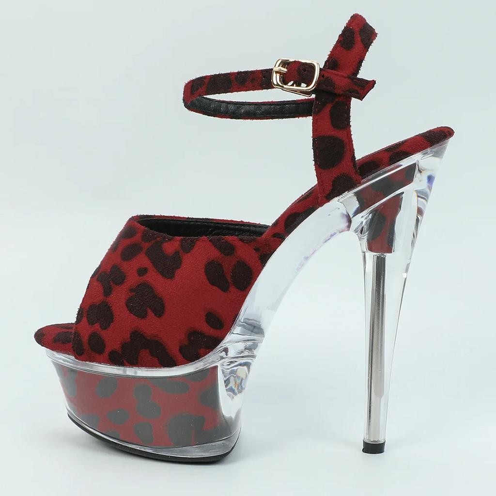 Fashion Sexy Leopard Print High Heel Party Nightclub Women's Shoes Transparent PVC Crystal Thick Heels 15CM Platform Model Sandals Show